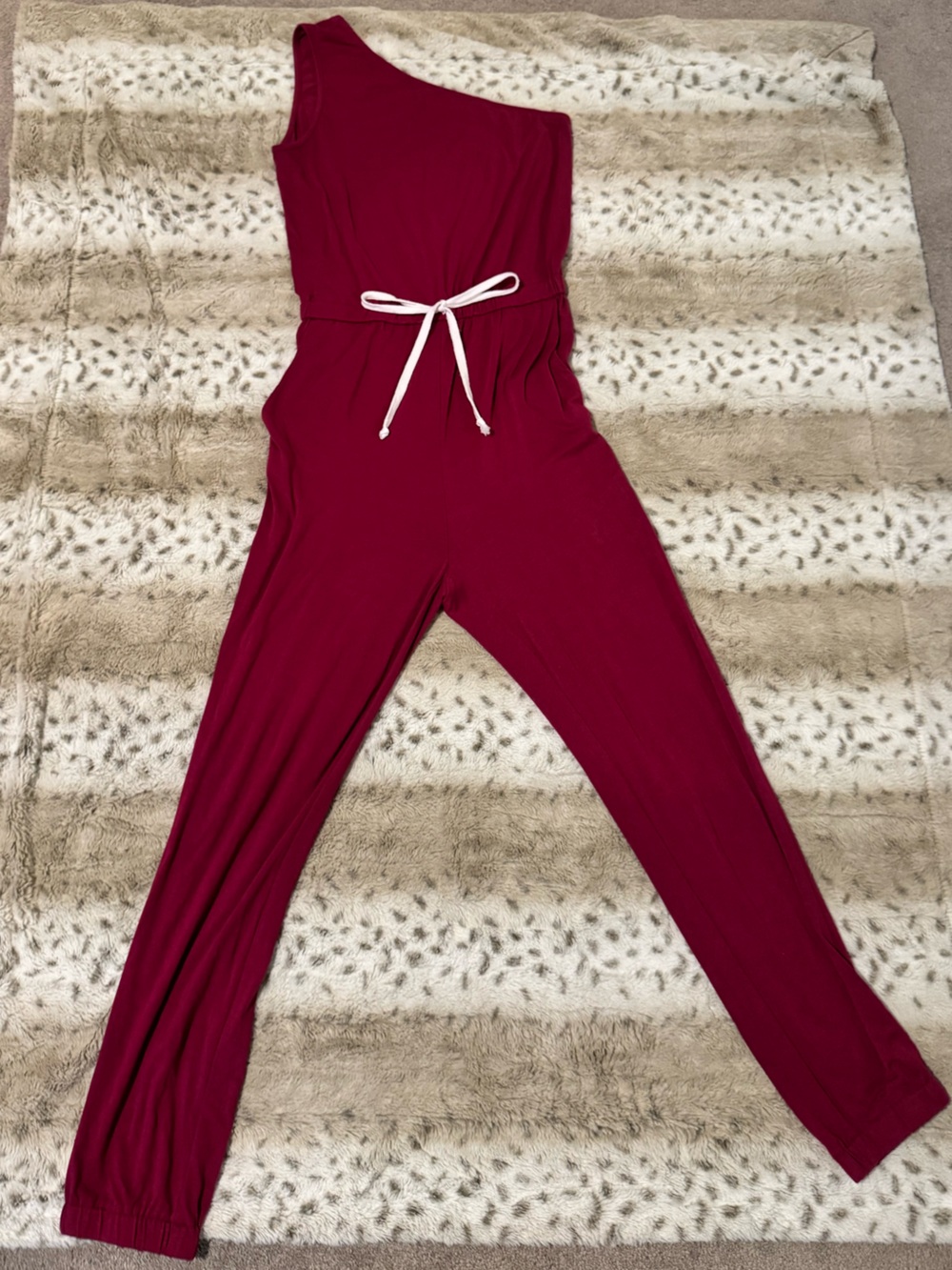 Women's One-Shoulder Burgundy Jumpsuit with Waist Tie